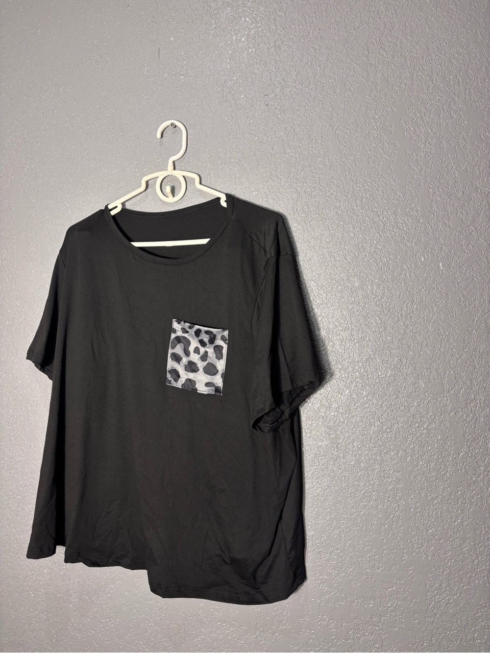 Black Tee with Grey Leopard Print Pocket